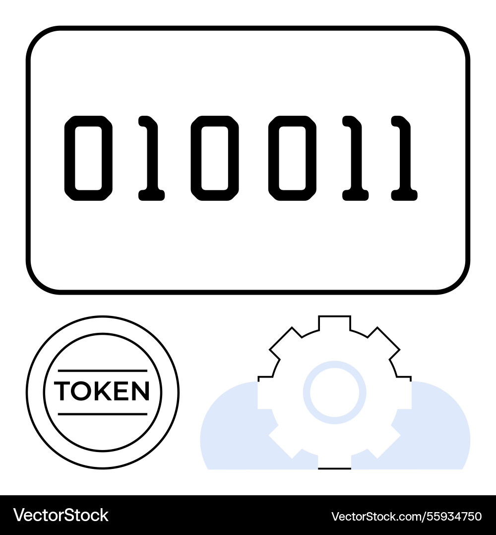 Binary code token symbol and gear over cloud Binary code token symbol and gear over cloud vector image