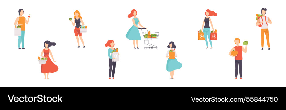 People buy fresh market food and goods carry bag People buy fresh market food and goods carry bag vector image