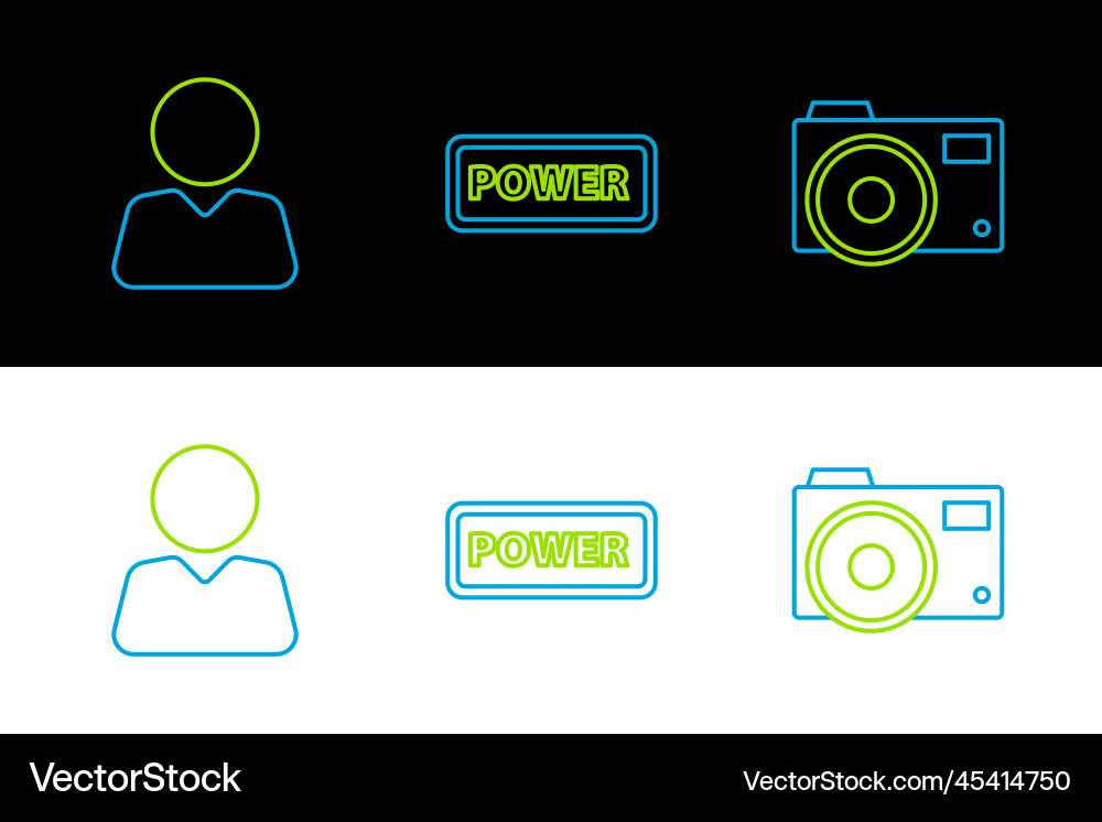 Set line photo camera add friend and power button Set line photo camera add friend and power button vector image