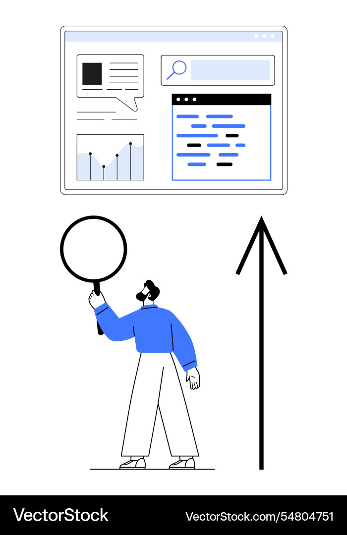 Individual analyzing web data with magnifying Individual analyzing web data with magnifying Vector Image