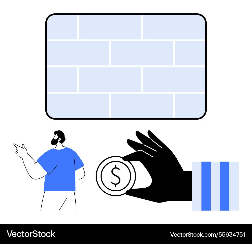 Man pointing at digital screen while a hand holds Man pointing at digital screen while a hand holds vector image