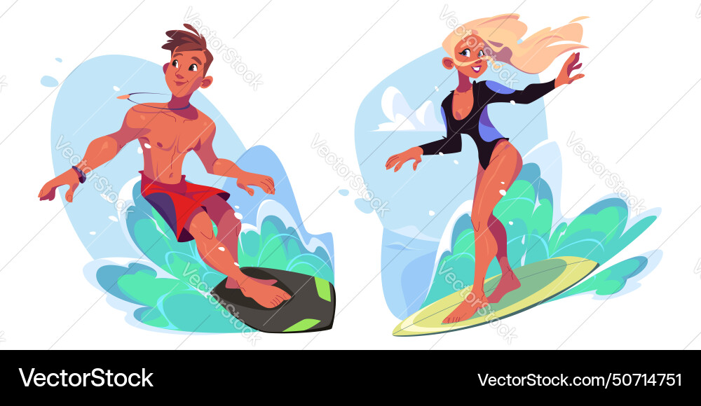 Surfer fangen und reiten Welle an Bord Surfer fangen und reiten Welle an Bord vektorbild