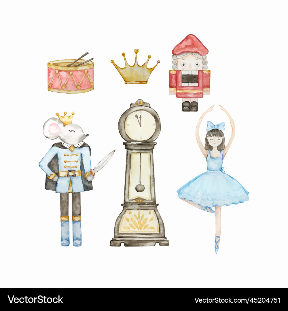 Watercolor nutcracker christmas clock mouse king Vector Image