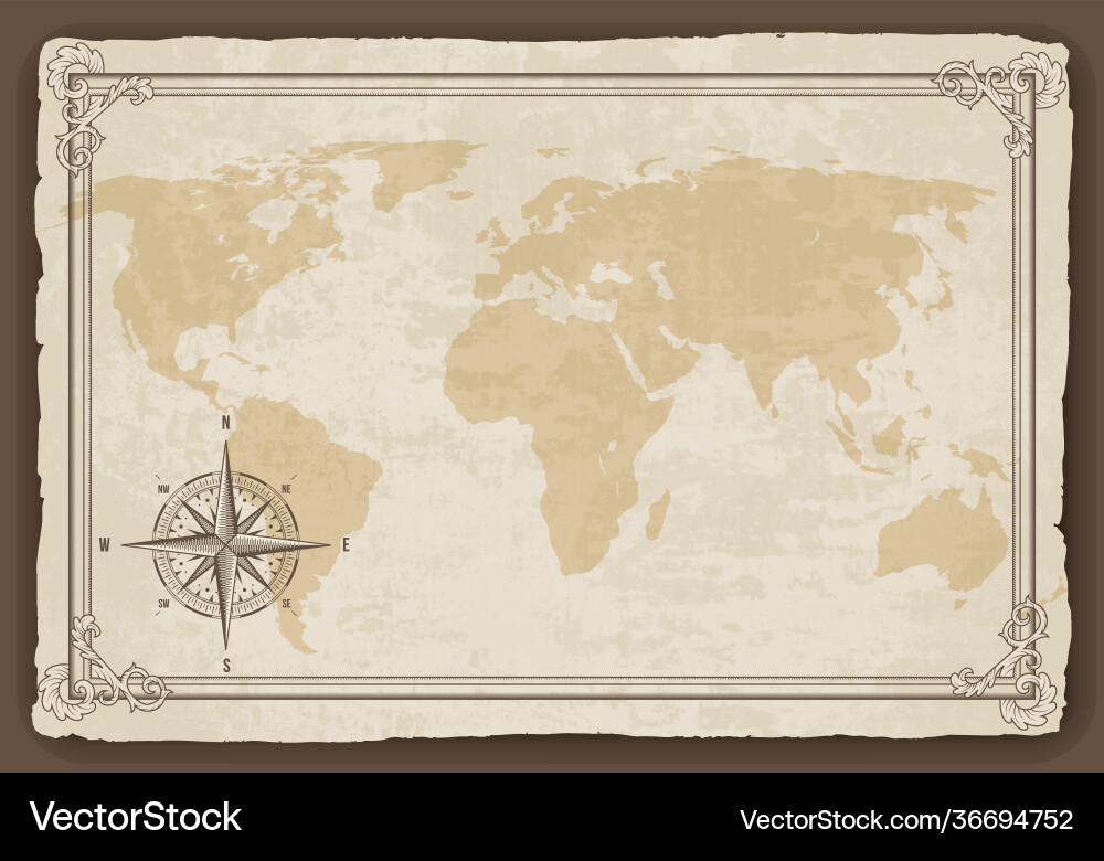 Old map frame with retro nautical compass on Old map frame with retro nautical compass on vector image