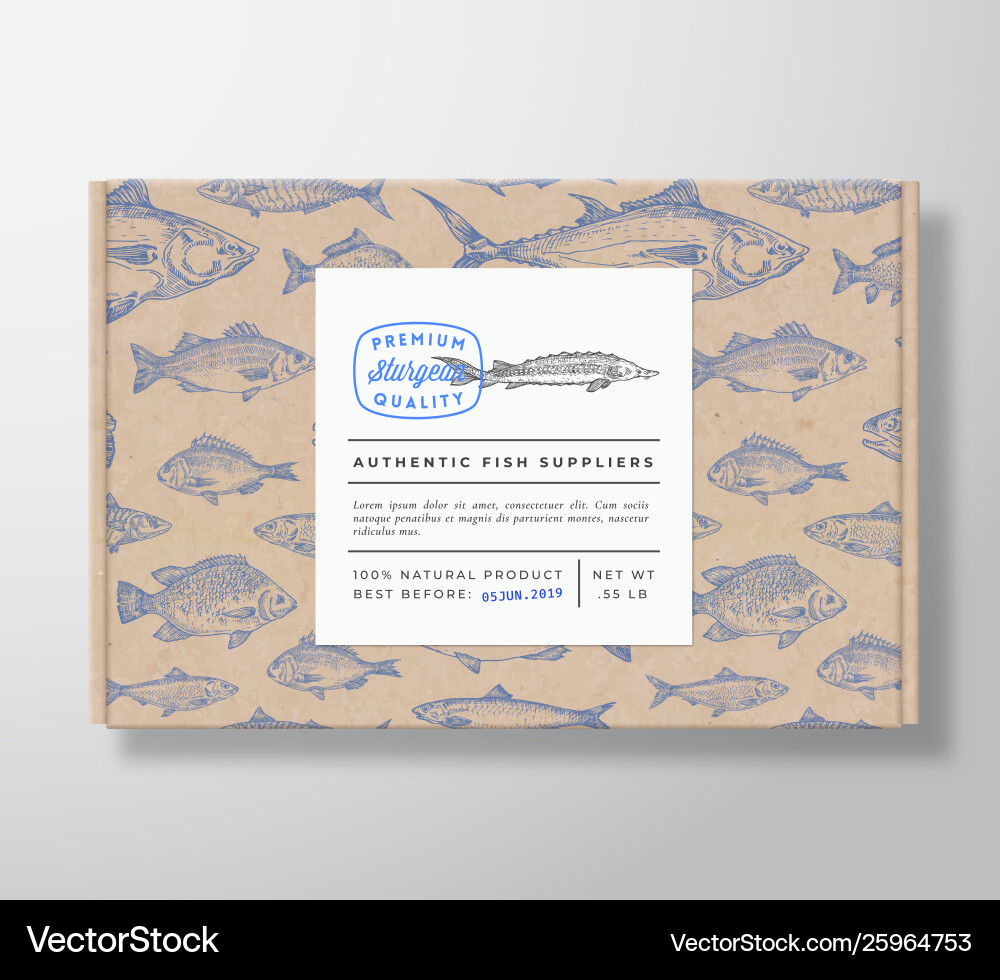 Fish pattern realistic cardboard box with banner Fish pattern realistic cardboard box with banner vector image