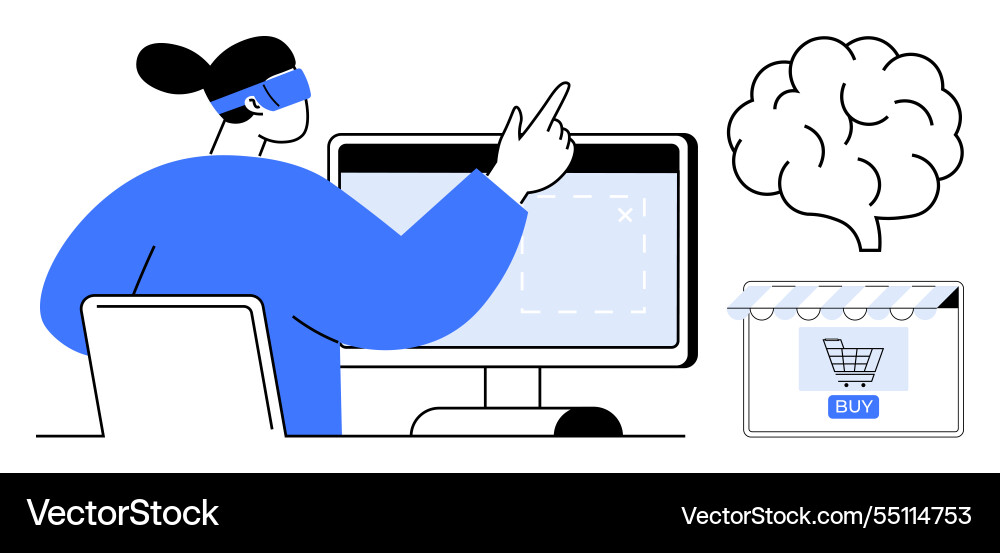Person using vr headset pointing at computer Person using vr headset pointing at computer vector image