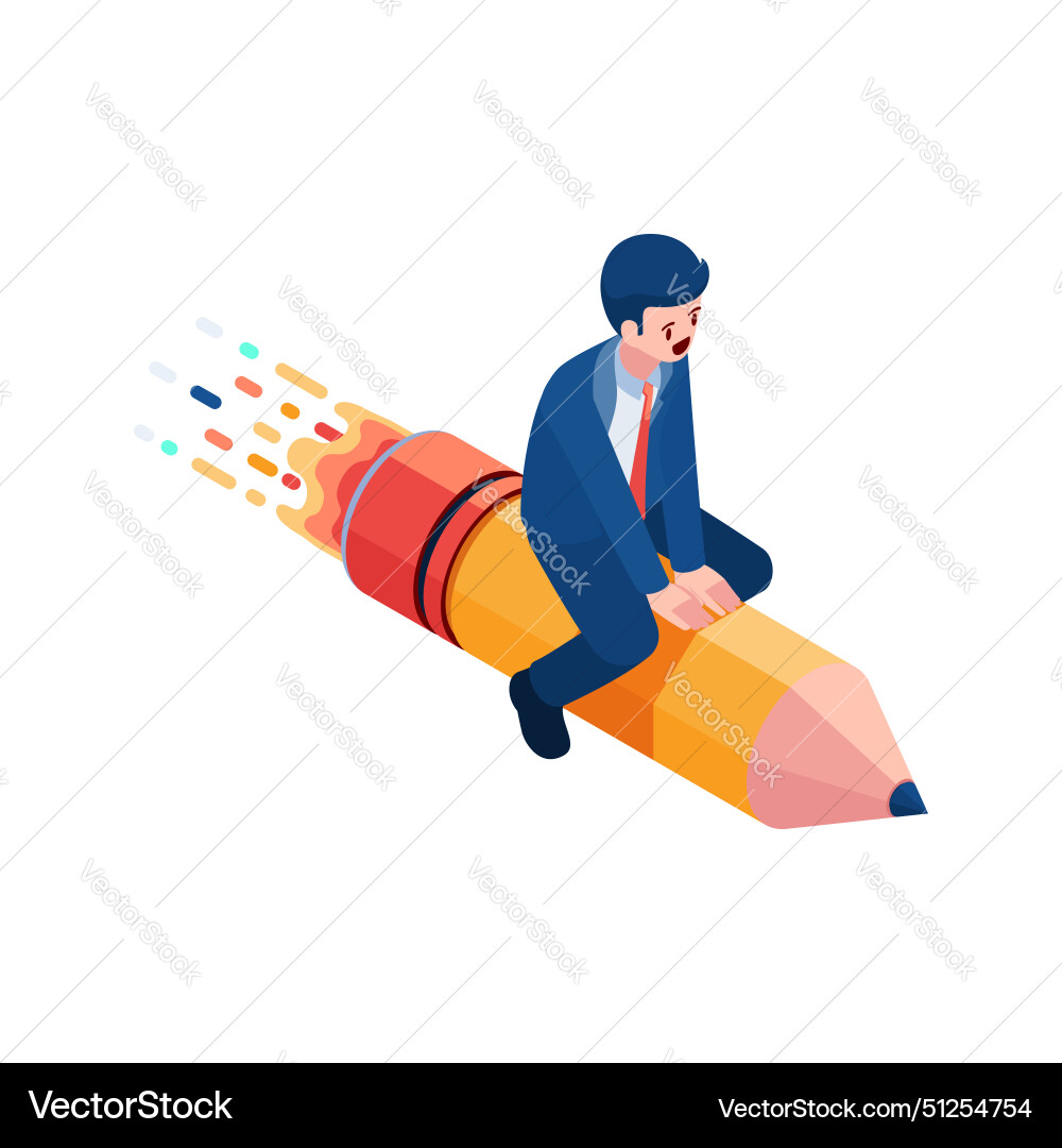 Isometric businessman flying with pencil Isometric businessman flying with pencil vector image