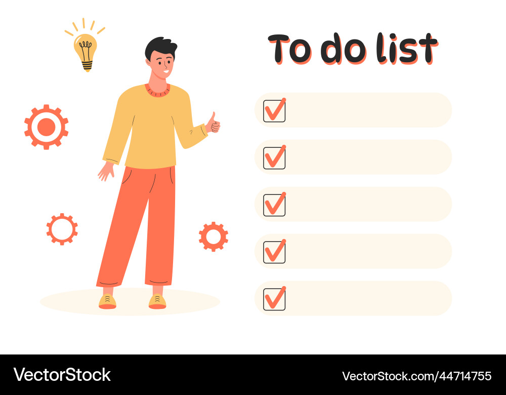 Man showing thumb up and looking at to do list Man showing thumb up and looking at to do list Vector Image