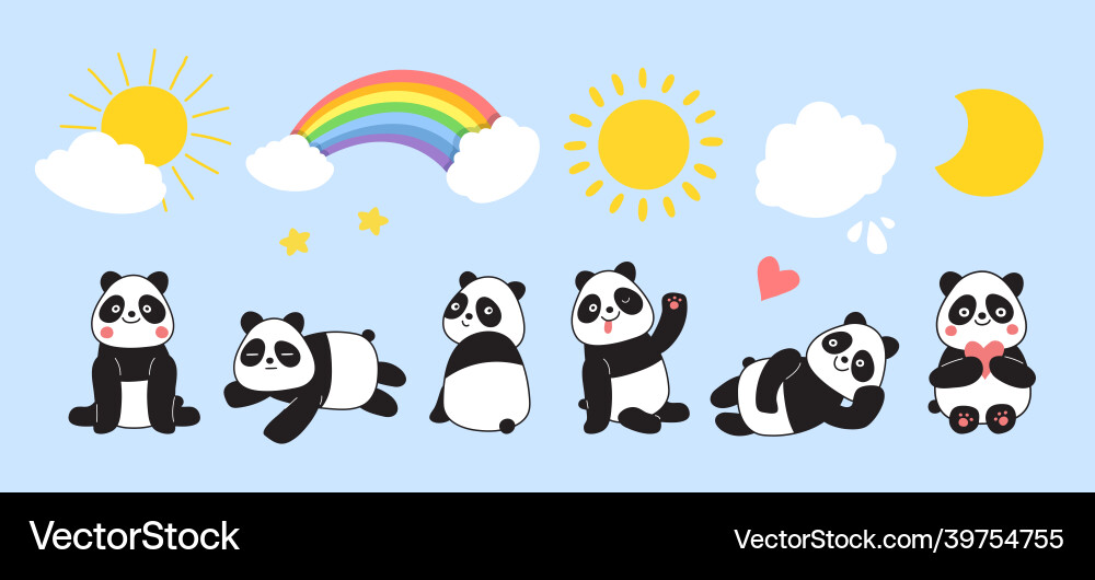 Panda animals cartoon pandas rainbow and sun Vector Image