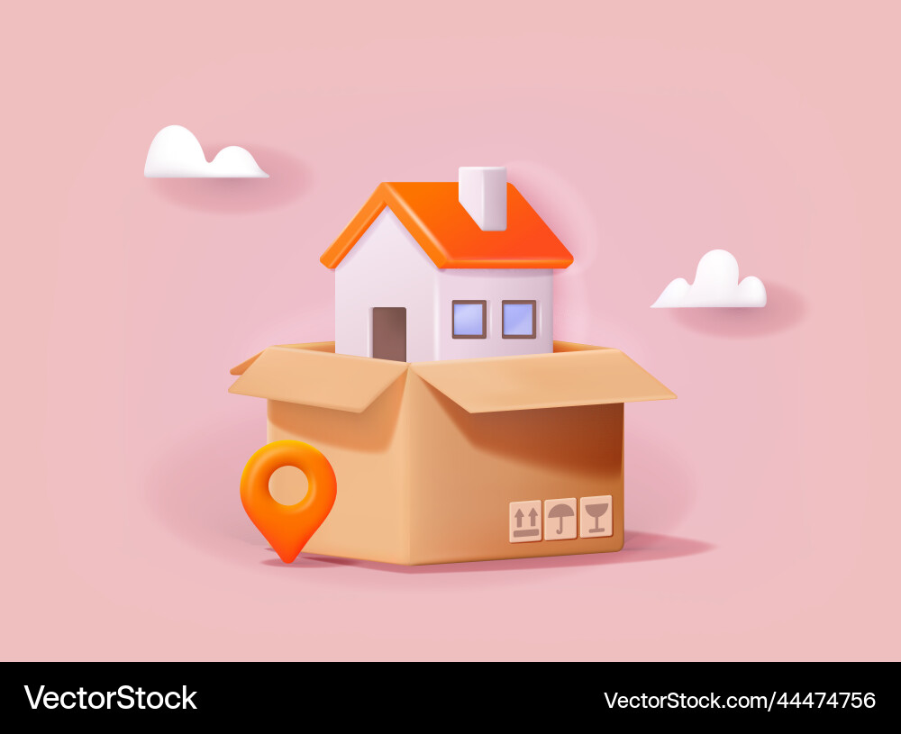 Moving and relocation concept house in box 3d web Moving and relocation concept house in box 3d web vector image
