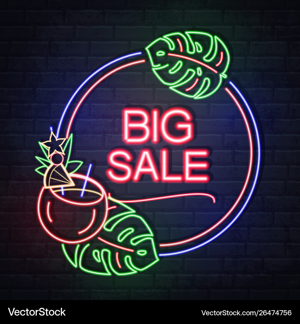 Neon sign summer big sale with tropic leaves Neon sign summer big sale with tropic leaves vector image