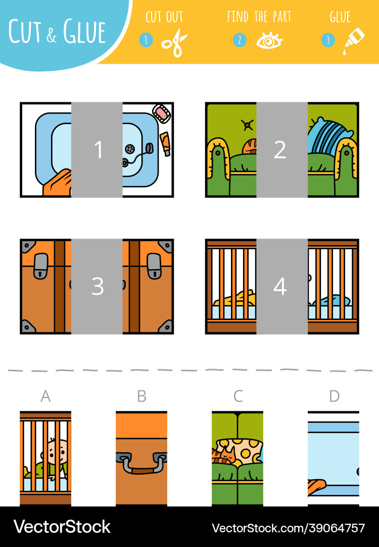 Find the right part cut and glue game Find the right part cut and glue game Vector Image