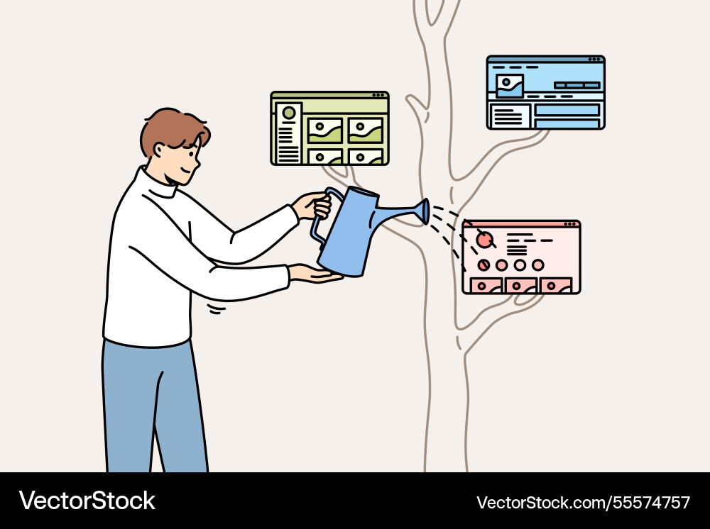 Man watering tree with web windows on branches Man watering tree with web windows on branches vector image