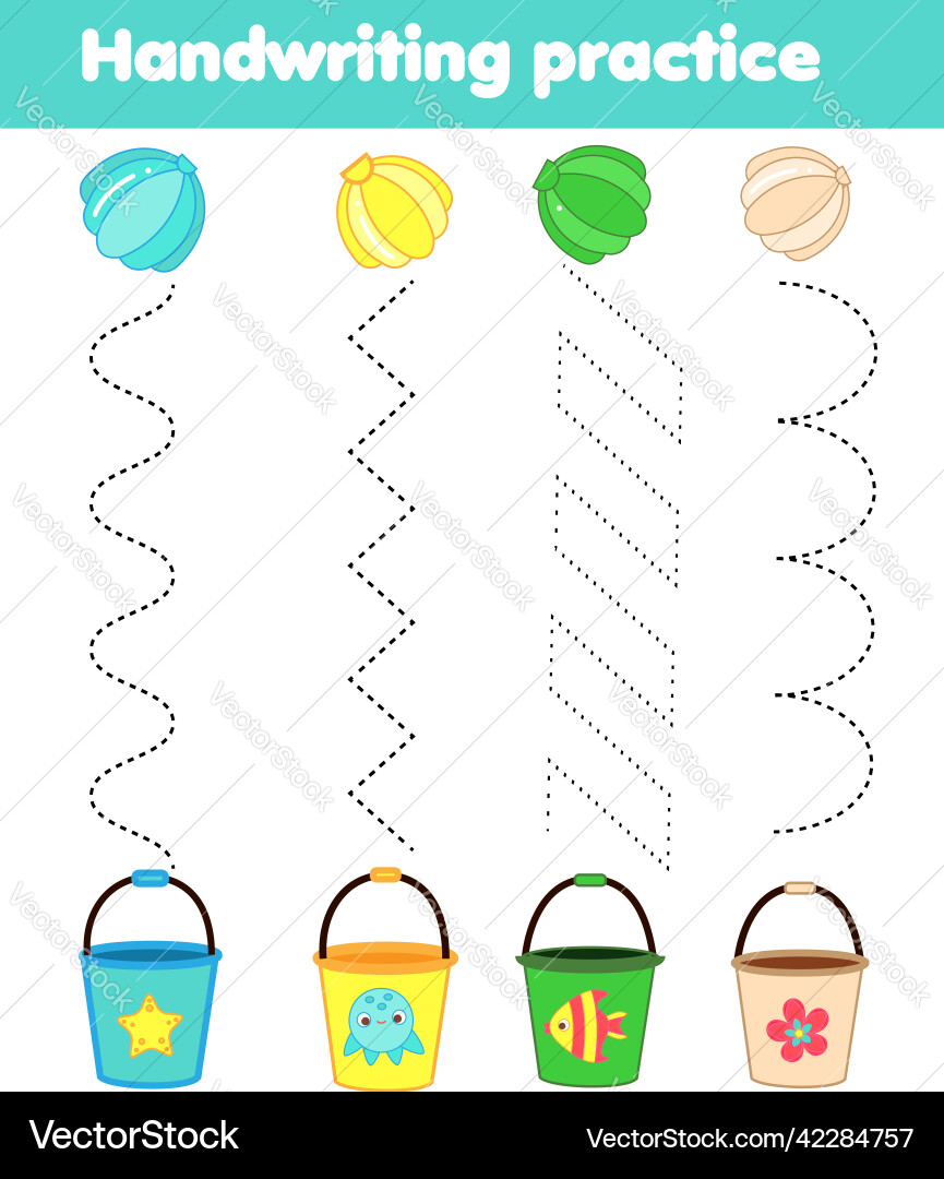 Put shells in bucket handwriting practice sheet vector image