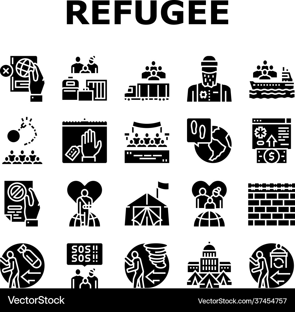 Refugee from problem collection icons set Refugee from problem collection icons set Vector Image