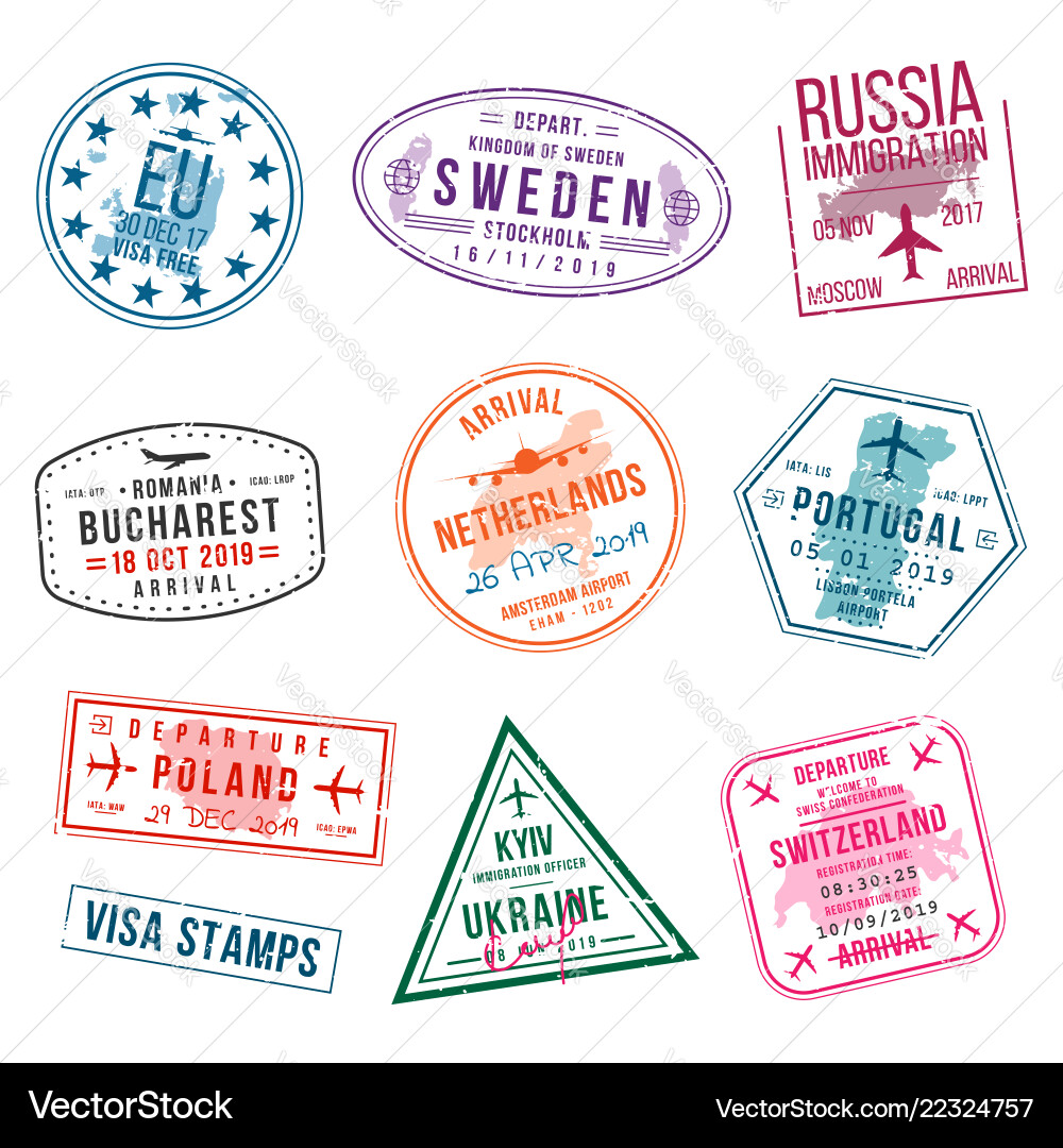 Set of visa stamps for passports international Set of visa stamps for passports international vector image