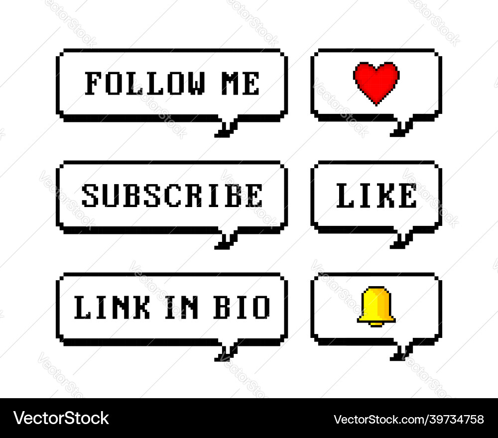 Pixel art 8-bit style speech bubbles set with text Pixel art 8-bit style speech bubbles set with text Vector Image