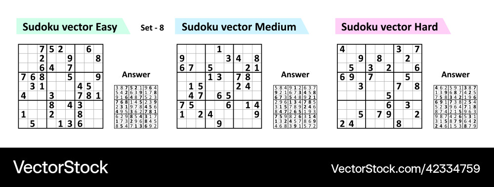 Collection sudoku game with answers different vector image