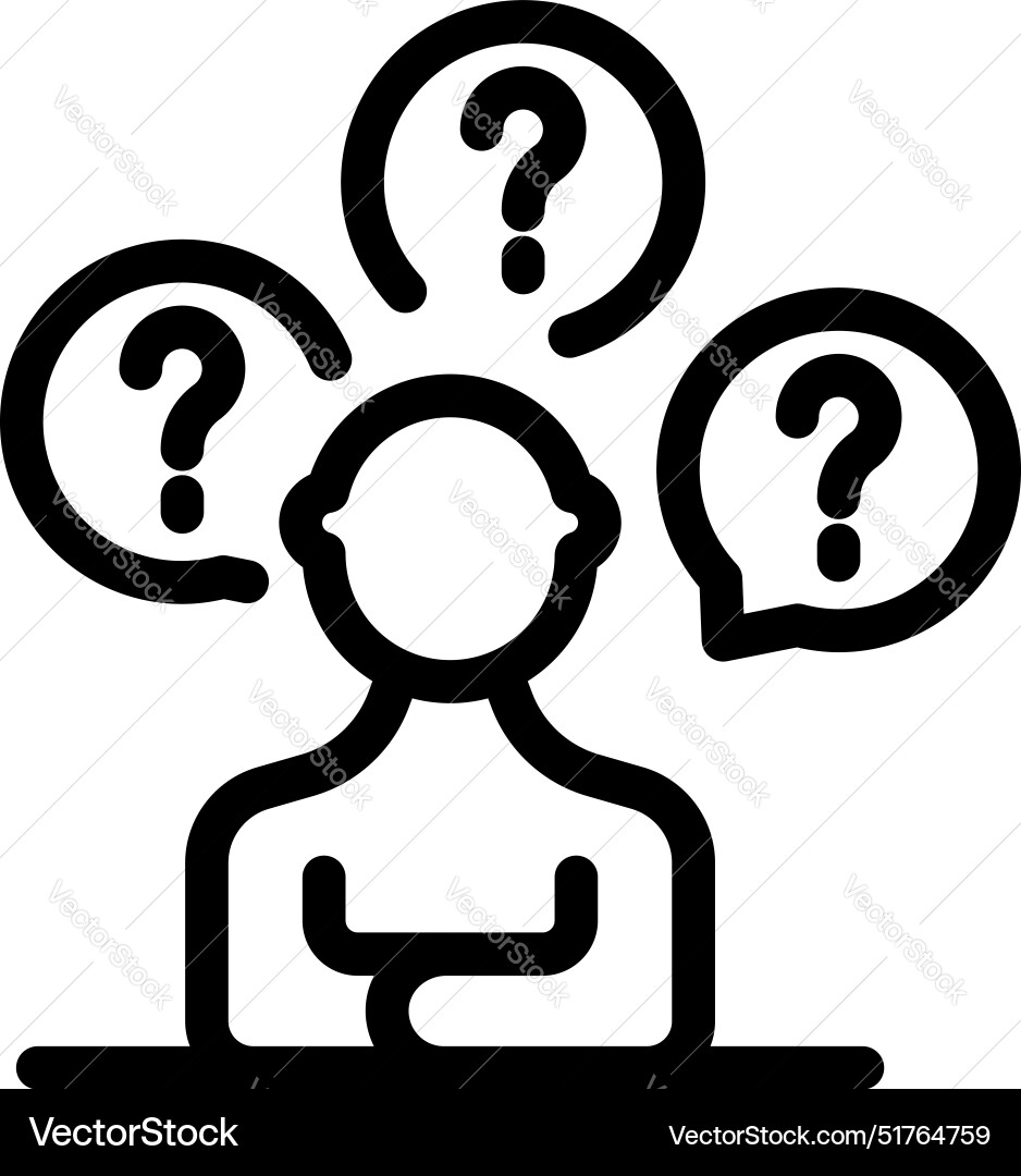 Line icon of a person with many questions trying Line icon of a person with many questions trying vector image