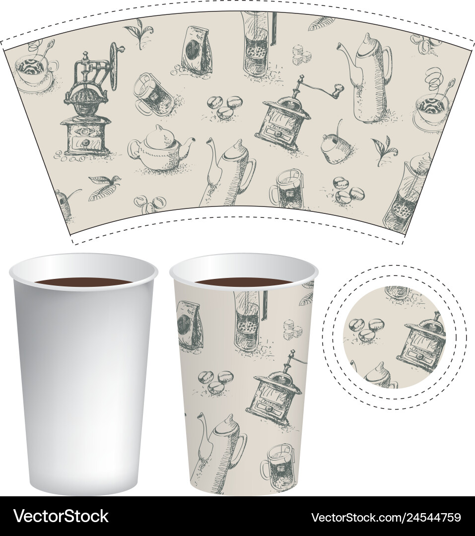 Papiertasse für Heißgetränk mit kaffeefarbenen Doodles Papiertasse für Heißgetränk mit kaffeefarbenen Doodles vektorbild