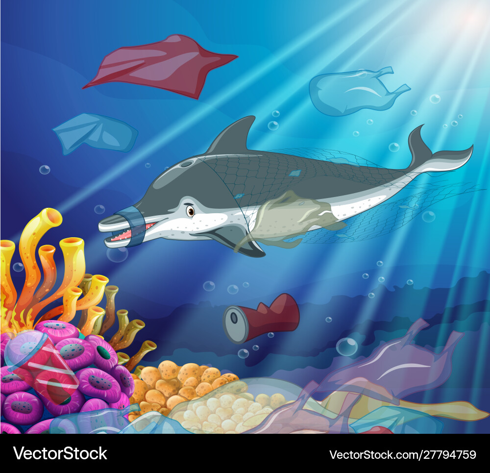 Underwater scene with dolphin and plastic bags Underwater scene with dolphin and plastic bags vector image