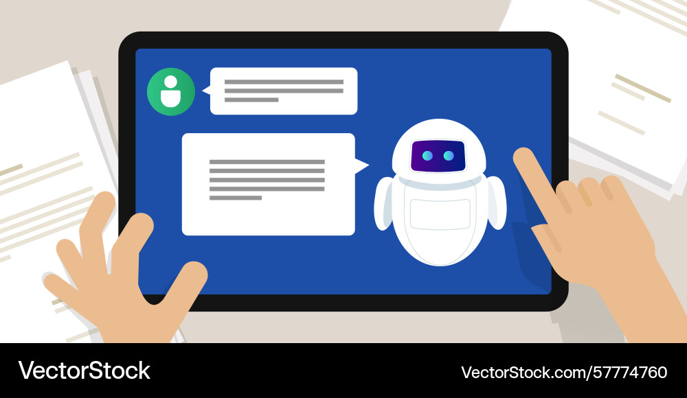 Hands interacting with tablet displaying a chatbot Hands interacting with tablet displaying a chatbot vector image