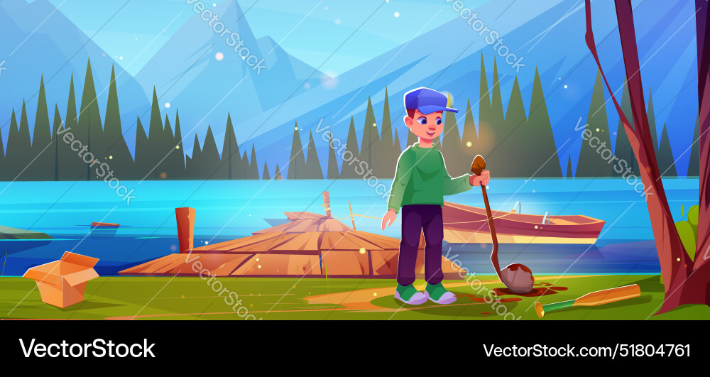 Boy find stone on rope near lake dock and boat Boy find stone on rope near lake dock and boat vector image