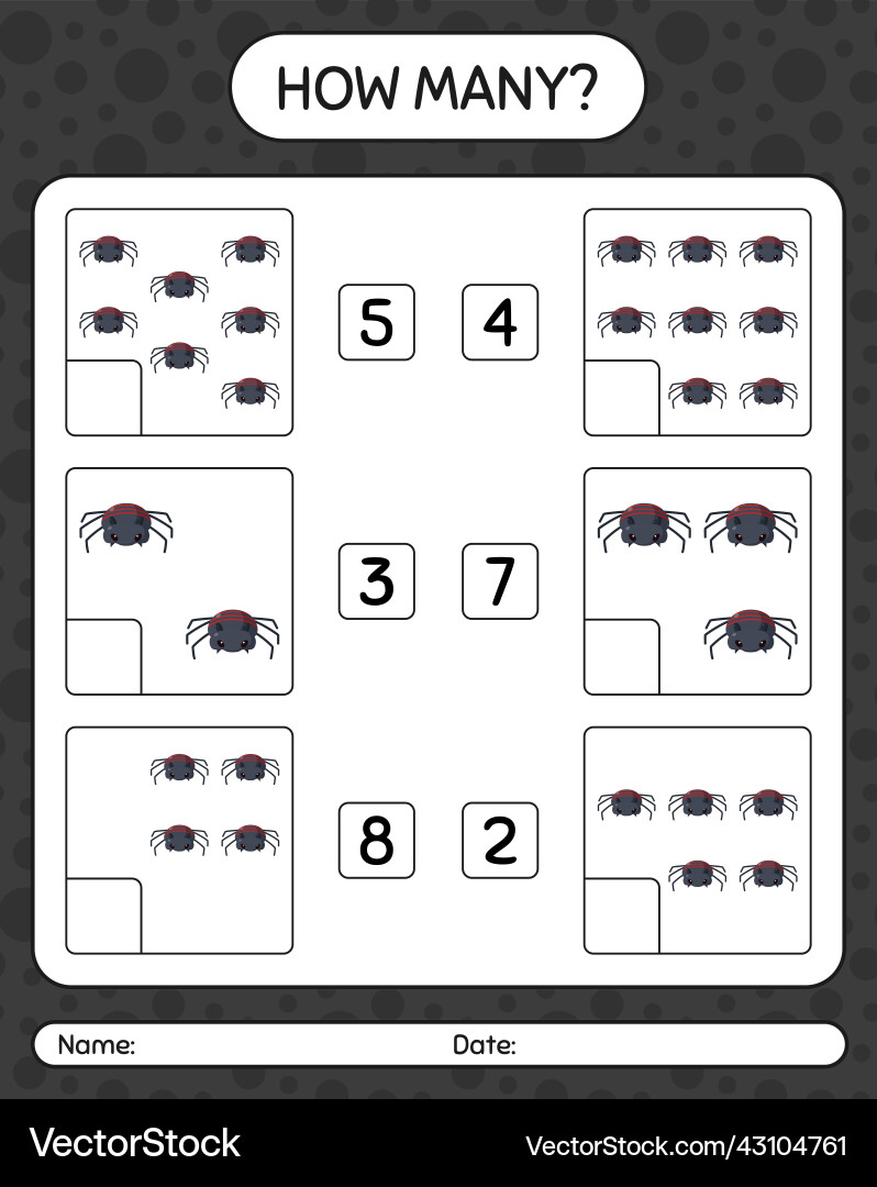 How many counting game with spider worksheet Vector Image