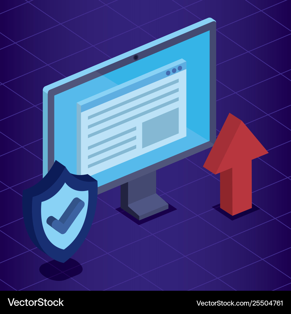 Isometric computer technology with document Isometric computer technology with document vector image