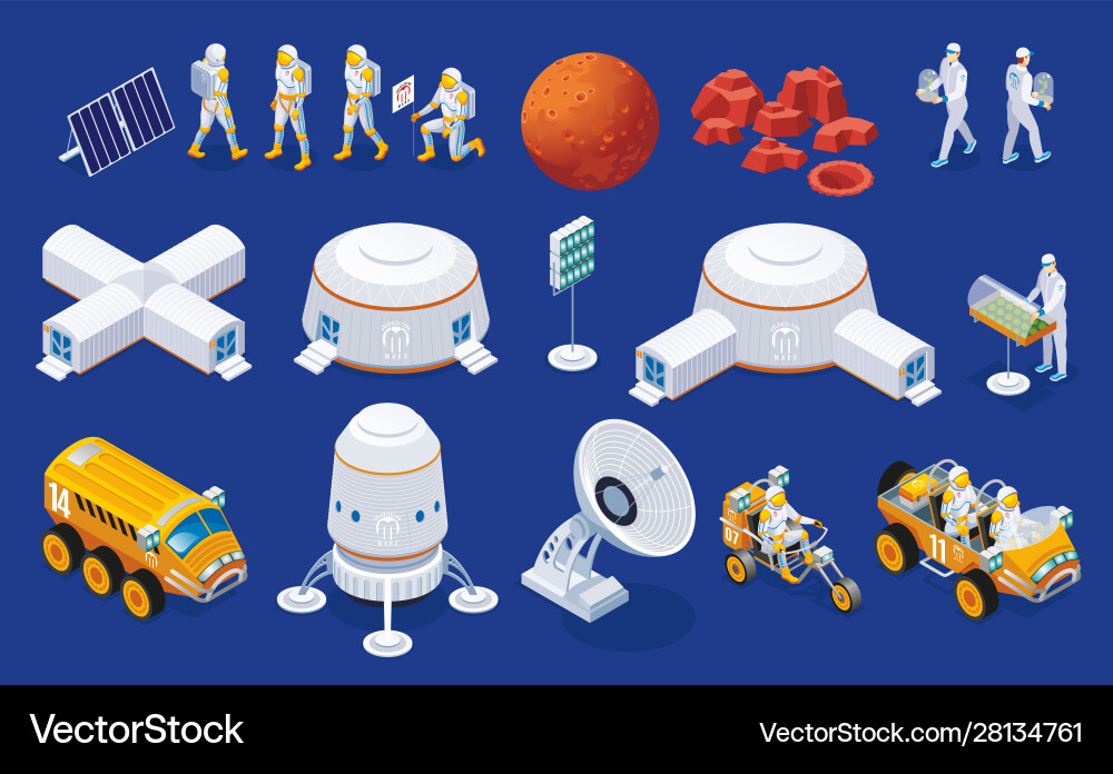 Mars colonization set isometric icons Mars colonization set isometric icons vector image