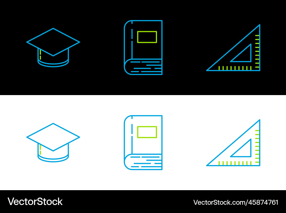 Set line triangular ruler graduation cap and book Set line triangular ruler graduation cap and book Vector Image