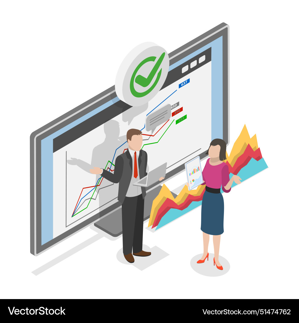 3d isometric flat of data analysis 3d isometric flat of data analysis vector image