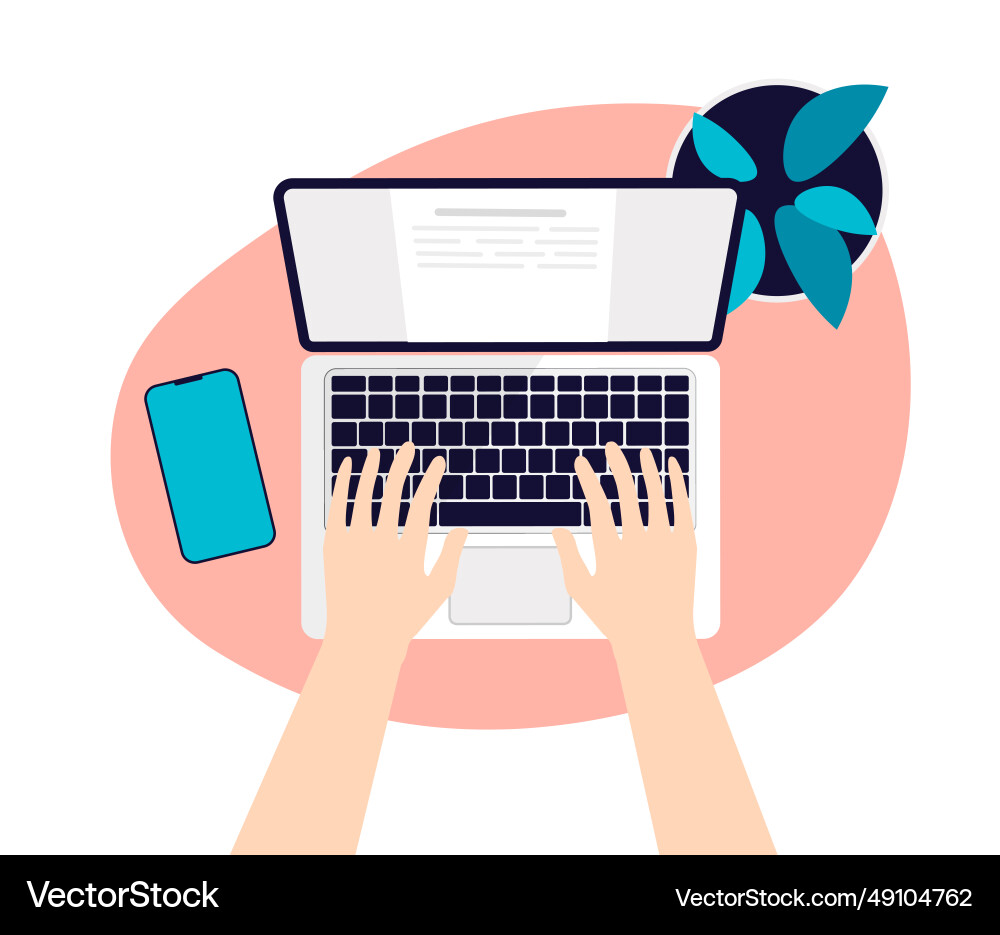 Desktop top view with hands typing on keyboard Vector Image