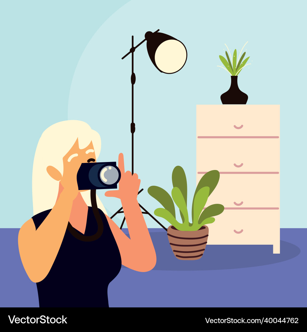 Female photographer using camera Royalty Free Vector Image