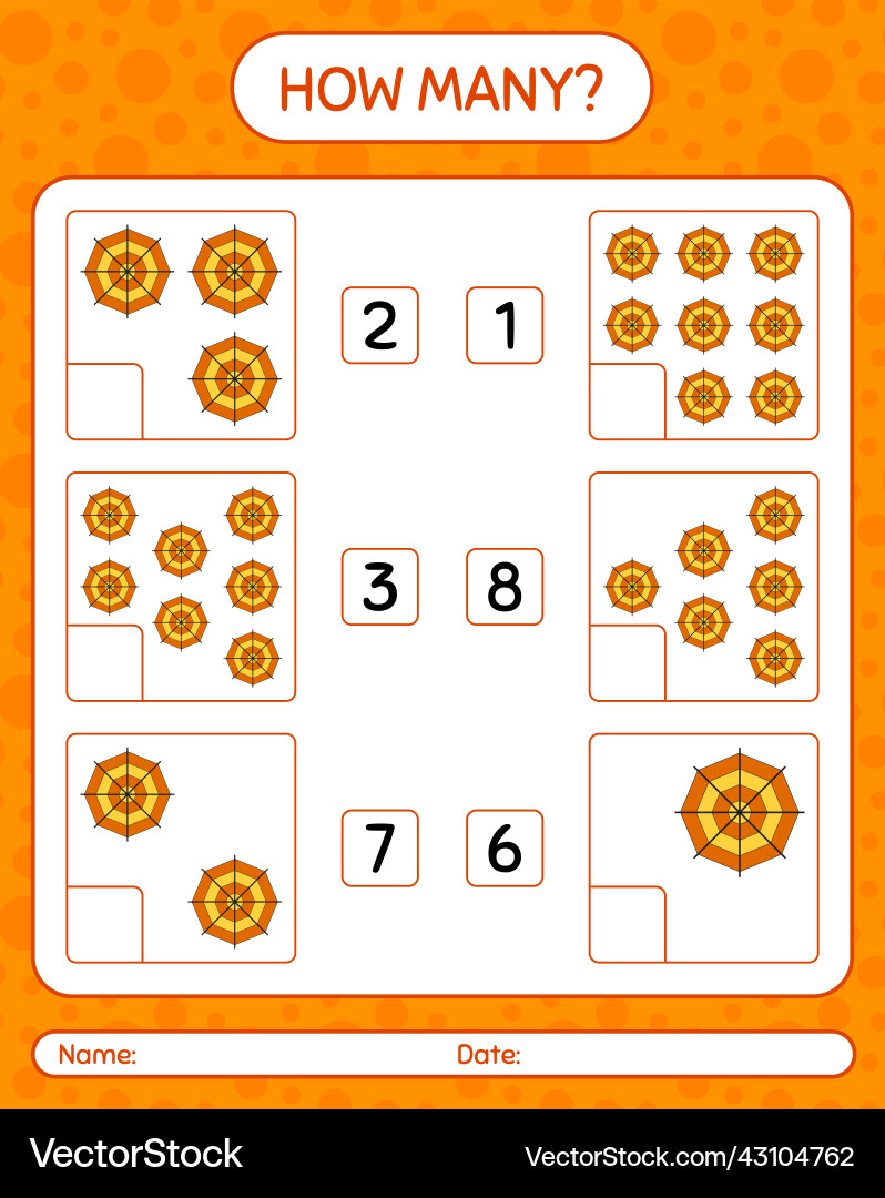 How many counting game with spider web worksheet Vector Image