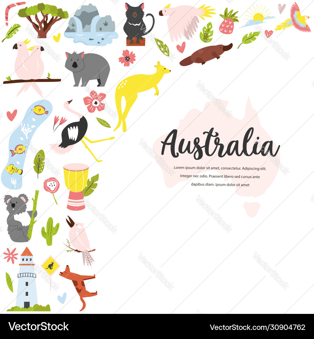 Tourist poster with symbols animals australia Tourist poster with symbols animals australia Vector Image