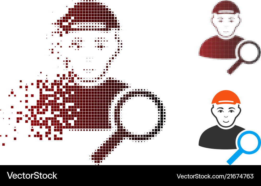 Disappearing pixelated halftone search user icon Disappearing pixelated halftone search user icon Vector Image