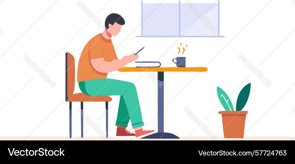 Man working on laptop at minimalist desk setup vector image