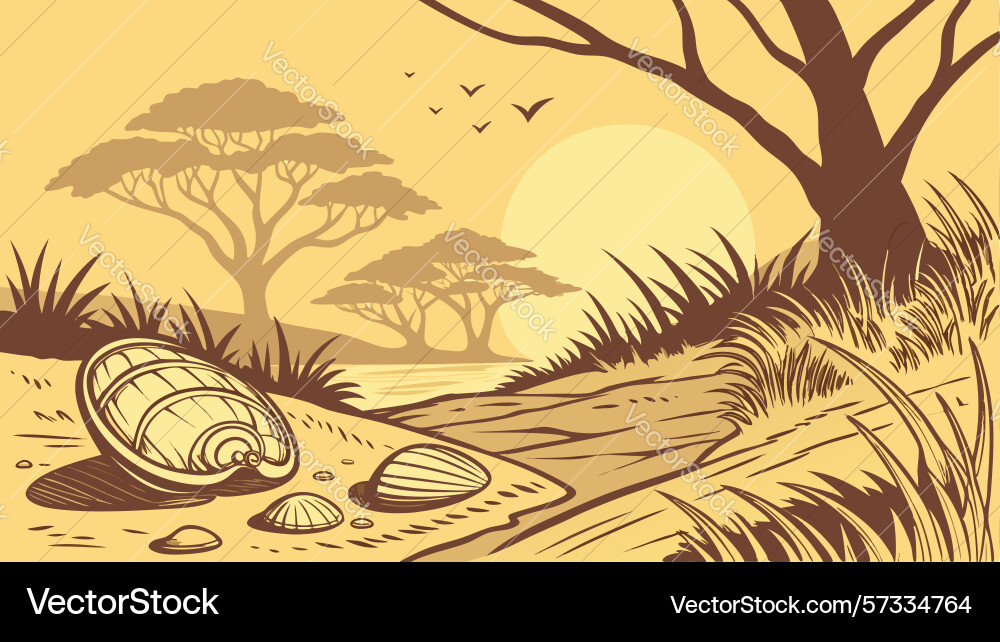 Fossilized shell on a rocky desert floor design vector image