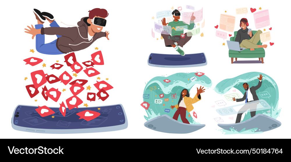 Set of characters navigate digital waves surfing Set of characters navigate digital waves surfing vector image