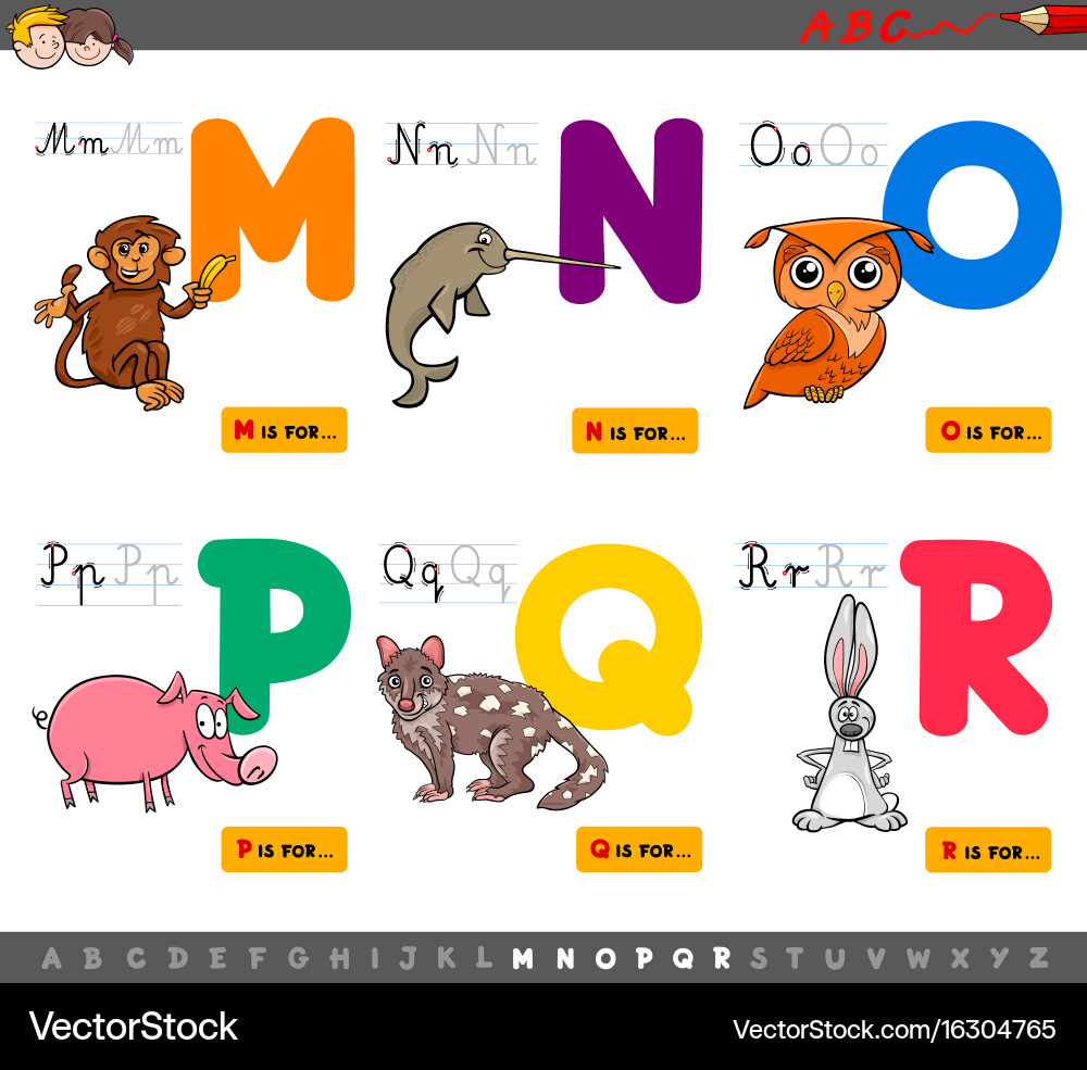 Alphabet Letters with Animals - M to R Vector Image