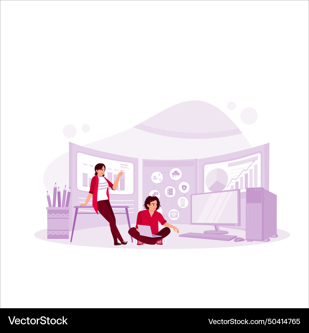 Two small programmers are in front of a large Vector Image