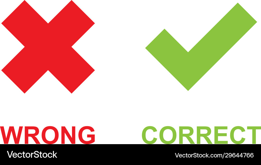 Check mark for correct and x sign wrong red Check mark for correct and x sign wrong red vector image