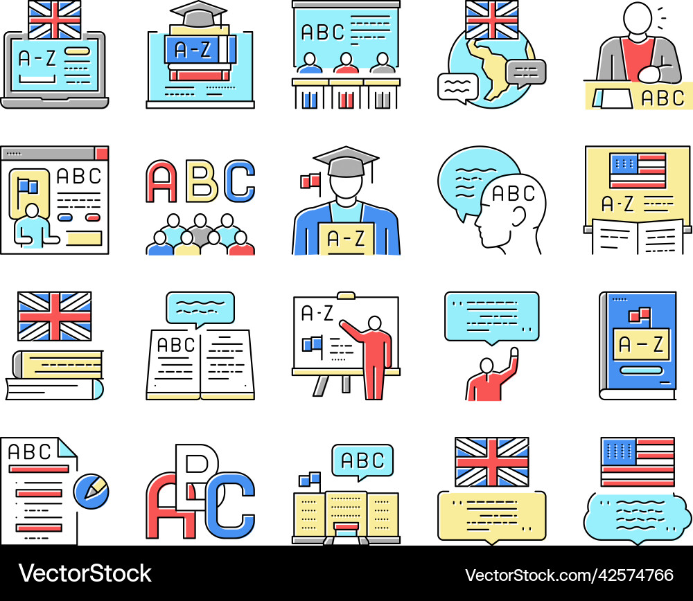 English language learn at school icons set Vector Image