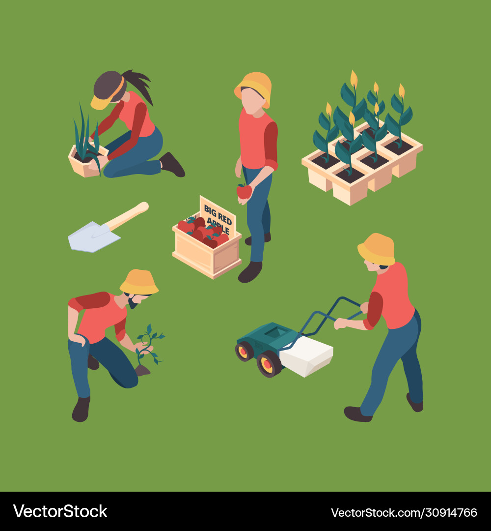 Farmers isometric gardeners people farmed Farmers isometric gardeners people farmed vector image