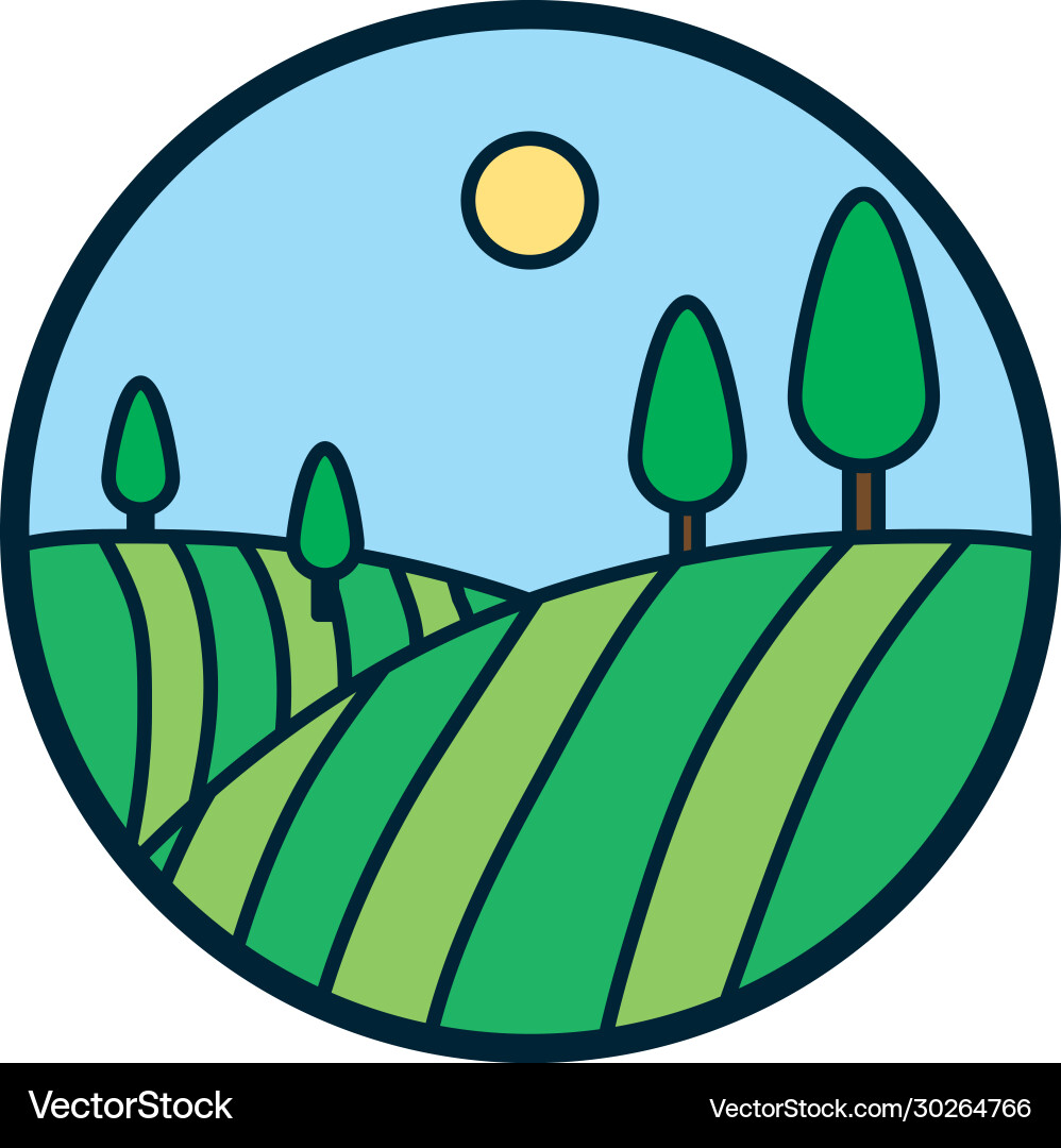 Sun and trees line fill style icon vector image