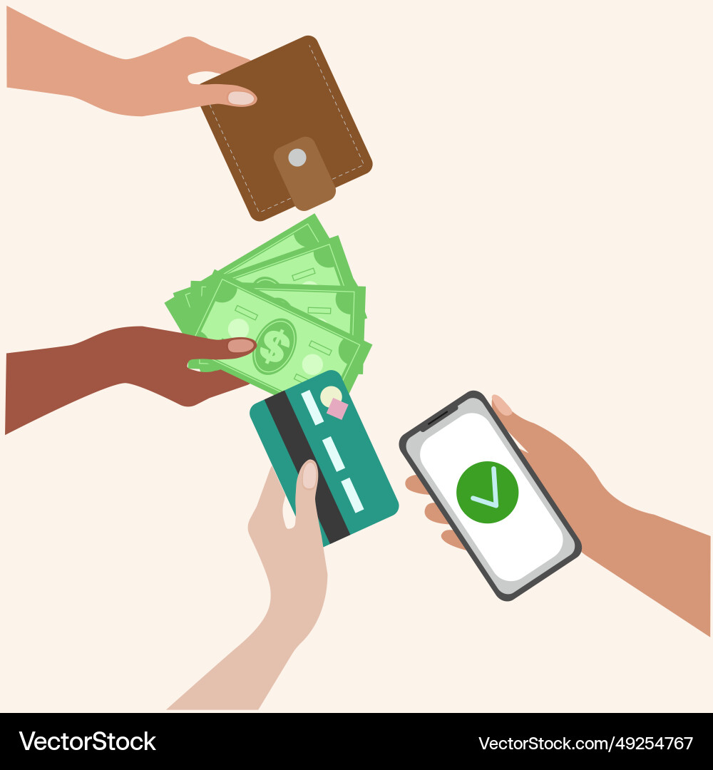Hands with different payment methods Hands with different payment methods Vector Image