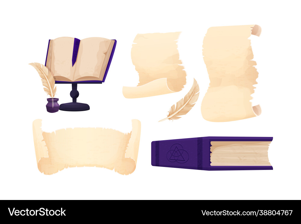 Set old scroll parchment papyrus and feather Set old scroll parchment papyrus and feather vector image
