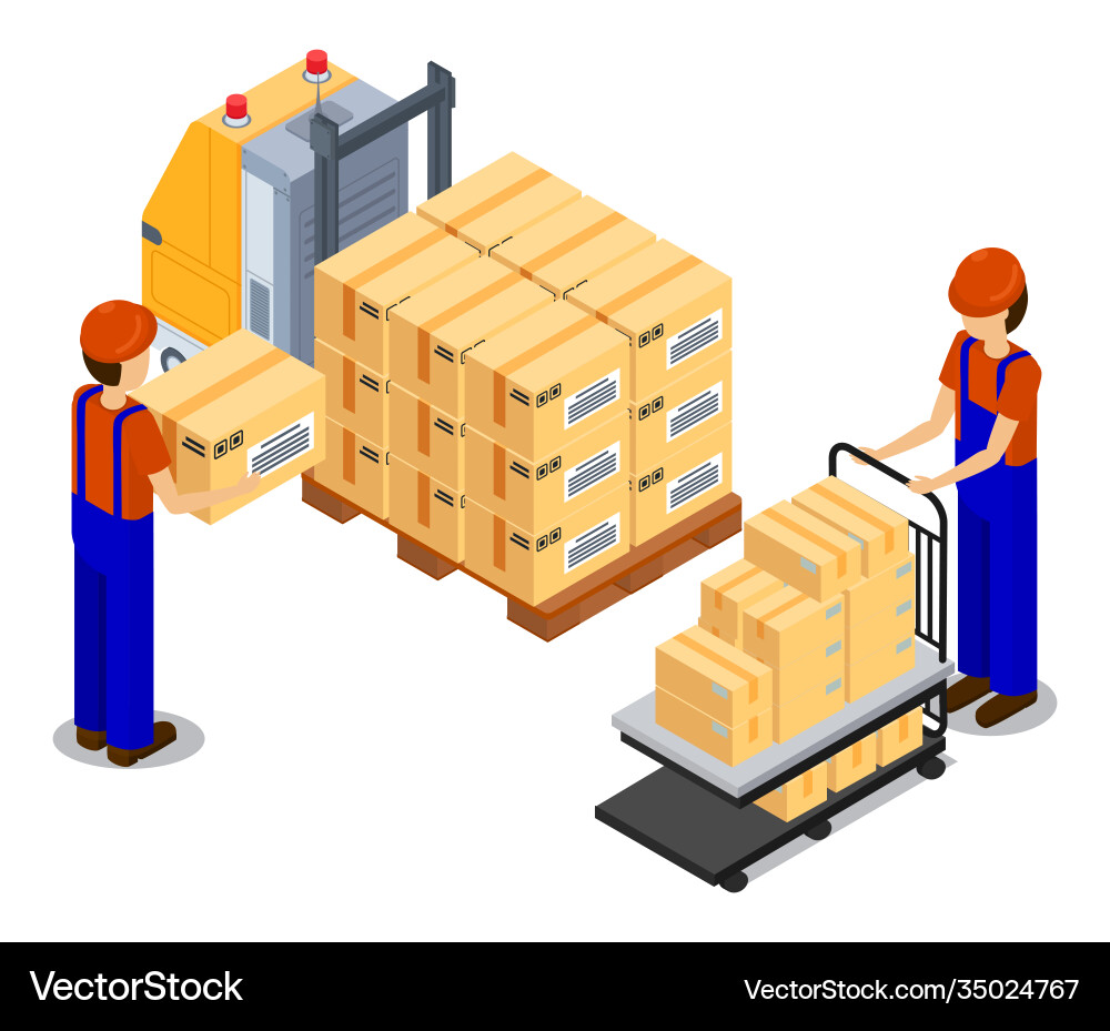 Workers loading boxes at forklift with pallet vector image