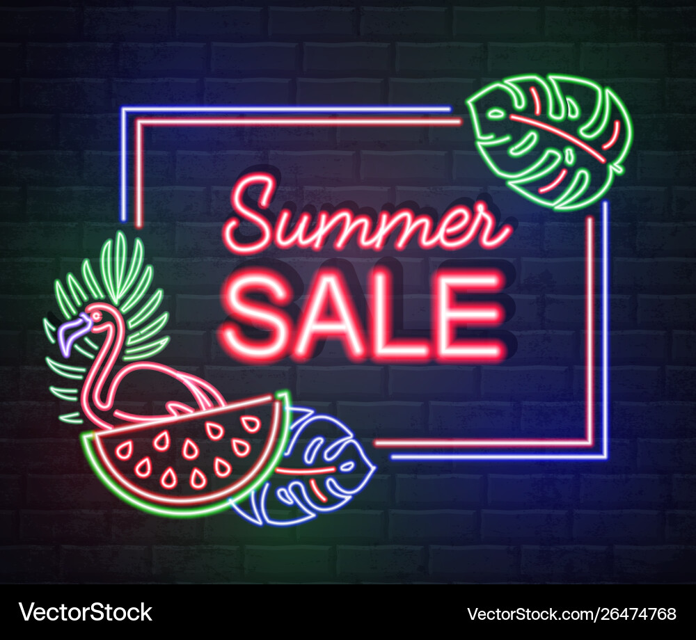 Neon sign summer big sale with tropic leaves Neon sign summer big sale with tropic leaves vector image